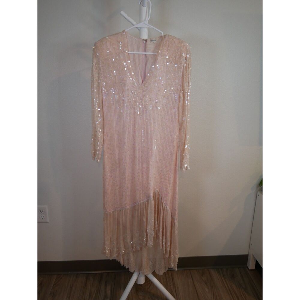Pink Silk Sequin Beaded Maxi Dress Small Long Sleeve Formal Evening